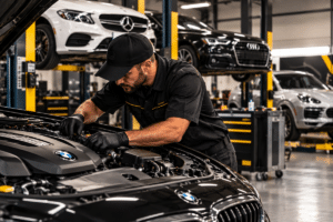 mechanic inspecting BMW engine in garage